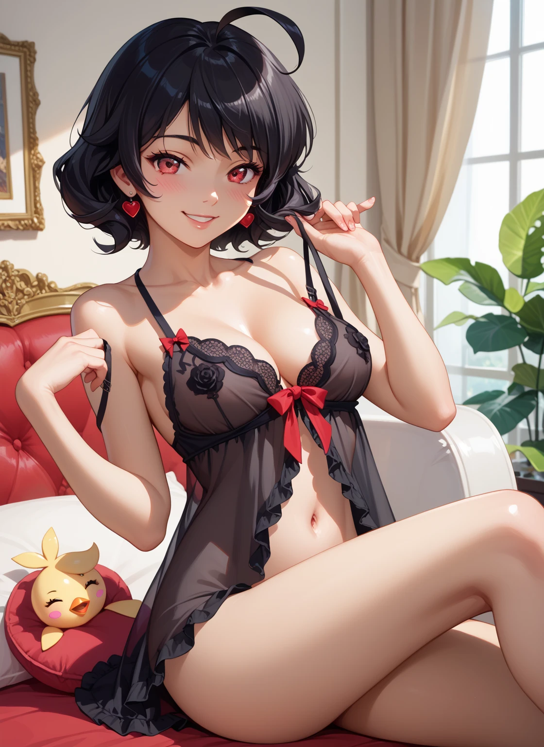 looking at viewer,  masterpiece ,  Best quality , la mejor calidad, A chica de 18 años ( cuerpo completo, atractiva y delgada, nightgown, breasts,  short hair,  black hair , Ahoge , blush, red eyes, happy,  satisfied smile , look,)  dressed in a nude apron posing seductively, en una habitacion privada de un hotel elegante durante la noche