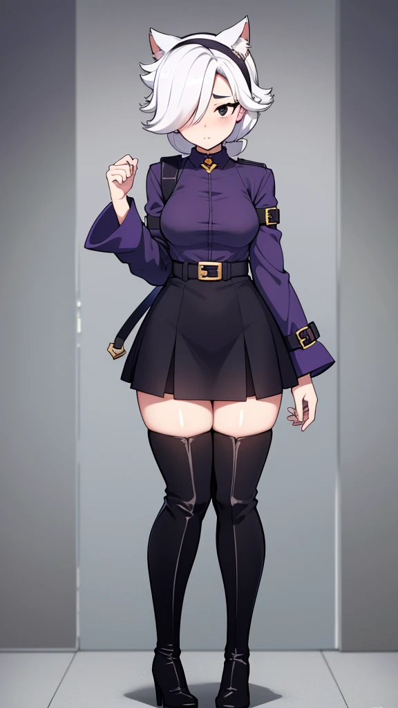 1woman, short black hair with purple highlights, skull brooch, purple hood, gothic makeup, purple eyes, purple lipstick, serious face, black necklace, purple and black jumpsuit, long black fingerless gloves, long black boots, book in the hand, big breasts, big ass, library background
