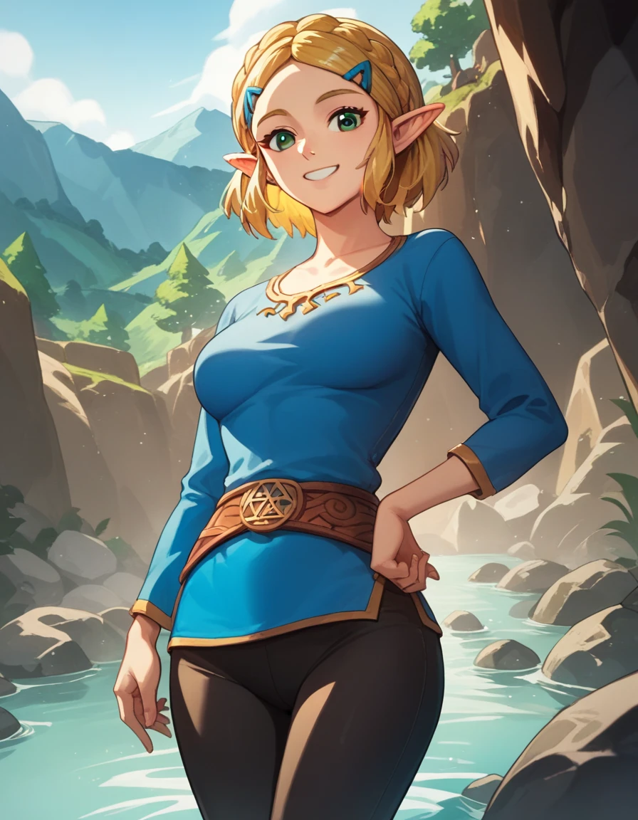 score_9, score_8_up, score_7_up, source_anime, best quality, 1girl, solo, Zelda, Totk, blonde hair, short hair, green eyes, medium breasts, cowboy shot, looking at viewer, black leggings, blue shirt, long sleeve, smile, dynamic angle, front of rock, cave hot spring 