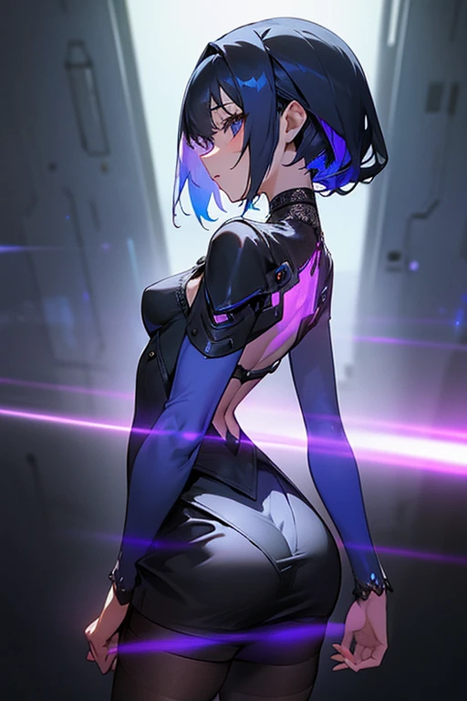 yelendef, short hair, night, dark, looking back, topless, back, oversized pants, slim, pale, medium shot, bow weapon, from behind, hydro vision