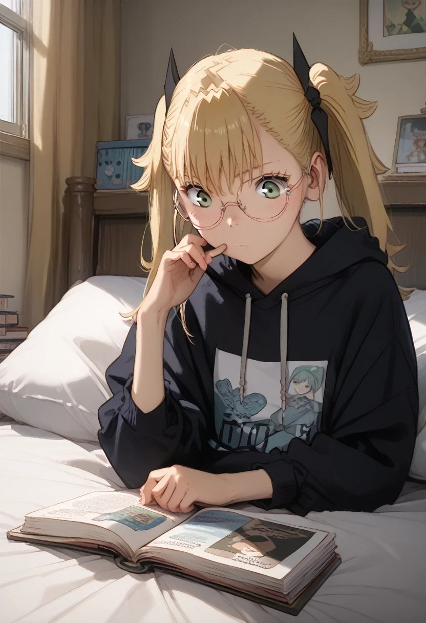 (masterpiece) (ultra_detailed) (best quality) shinomiya kikoru, 1girl, slim, fit, anime look, anime style, wearing hoodie, on bed, reading book, in a room, with bookselfs, wearing round glasses, poke 