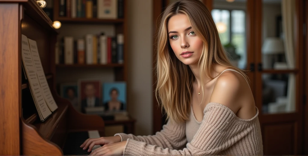 Nexia is sitting at the piano, in a cozy room, full of books and warm light, Her fingers caress the keys without pressing. She has long hair slightly wavy, brown with blond streaks, hazel eyes. Her gaze is directed toward at the piano keys, she wears an oversized off-shoulders sweater.
((anti:1.5))