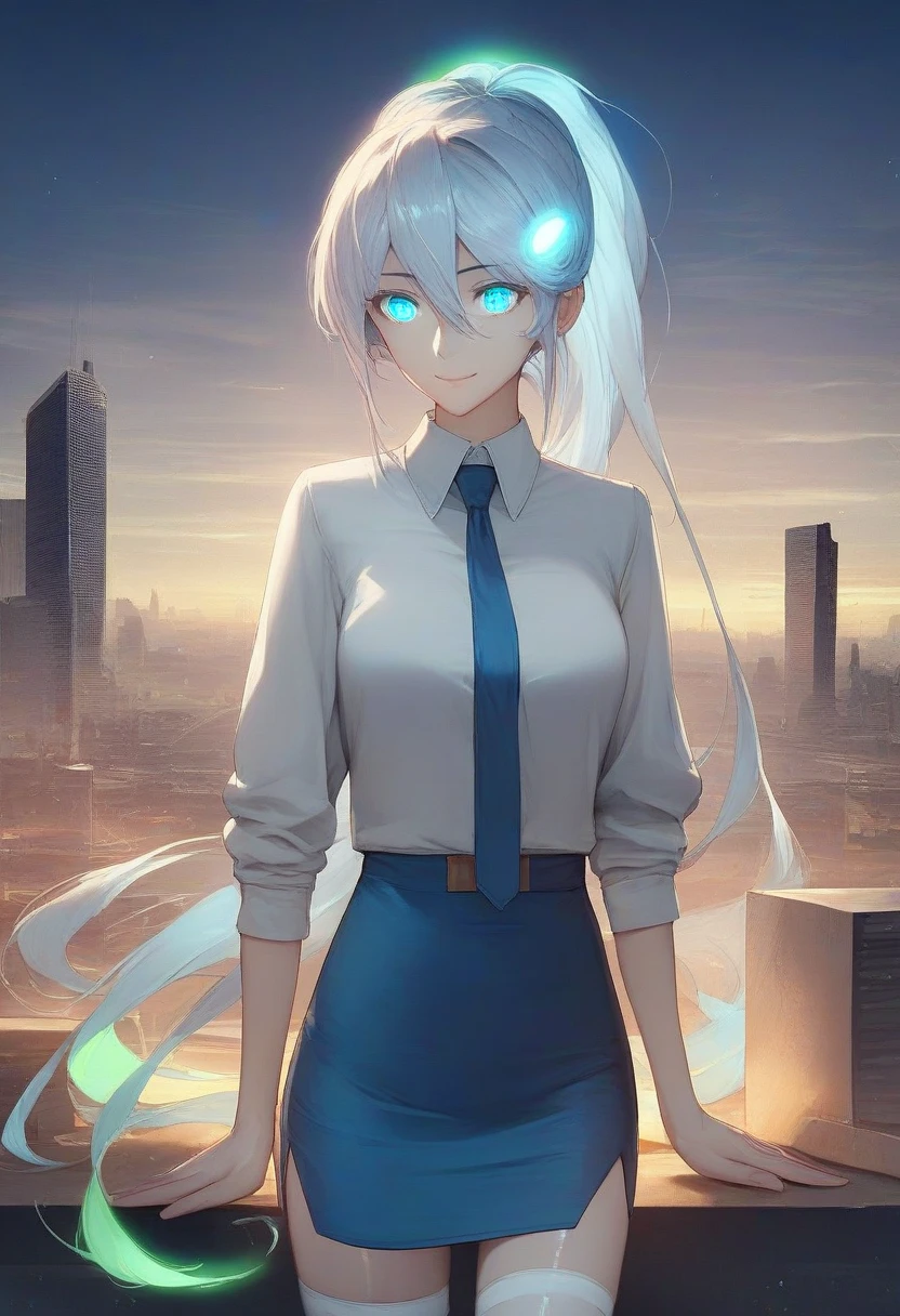 8k, height, fiction film, best quality, masterpiece, high detail, 1 woman, adult, adult female, female consideration, 1girl, blue eyes, white suit, blue tie, pencil skirt, very long hair, silver hair, solo, perfect body, smiling, stocking, Modern office skyline, detailed background, business girl, extra details, detailed eyes, bright colors, detailed face, white stockings, beautiful anime girl motherhood ,(masterpiece), night, city landscape,many poses,colorful glow,((anime illustration)) ((avatar detail)) ((masterpiece)) ((highest quality)), container,shiny , science fiction anime, dust cloud, ,yuki ona yukino, long hair, bangs, blue eyes, hair between eyes, blue hair, ponytail,shiny skin, shiny, 