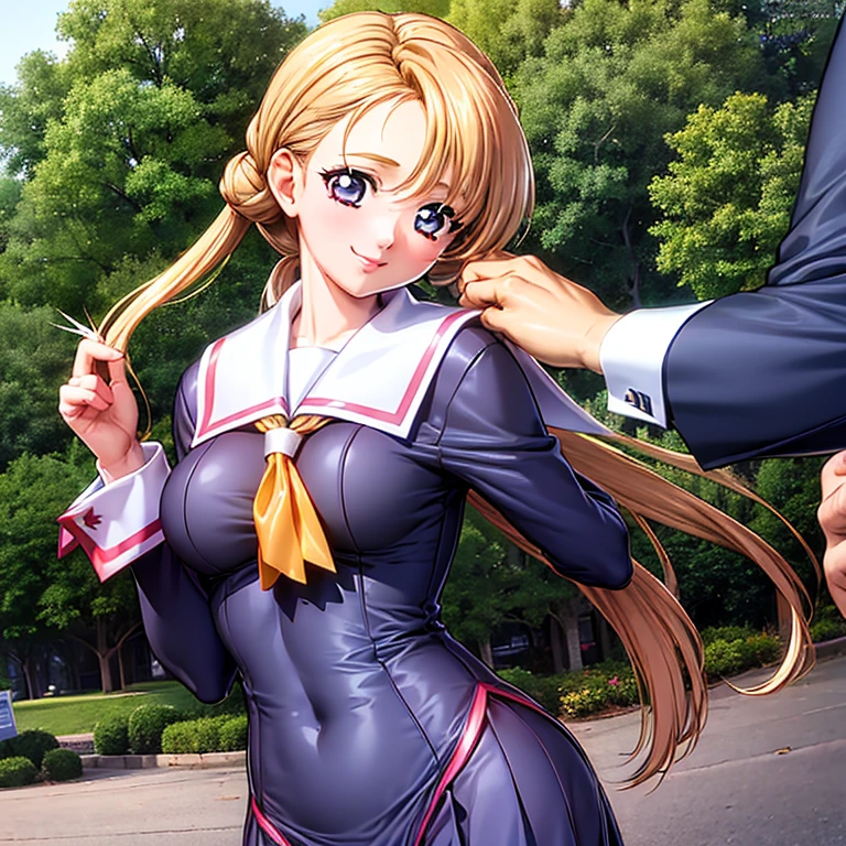  ((1girl)), (best quality), (masterpiece), (focus on face), つやのある肌, arm behind back, smile, voluptuous, glistening breast, school uniform, sailor suit, medium large breasts