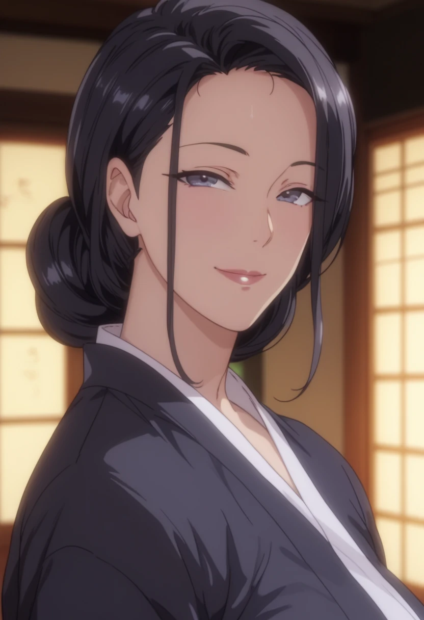 Look up、 Black Kimono、( mature woman :1.4)、Poisonous woman 、50 years old、Captivating smile、 black hair、 up hair 、Married women、 de emphasizing trust 、Japanese-style room