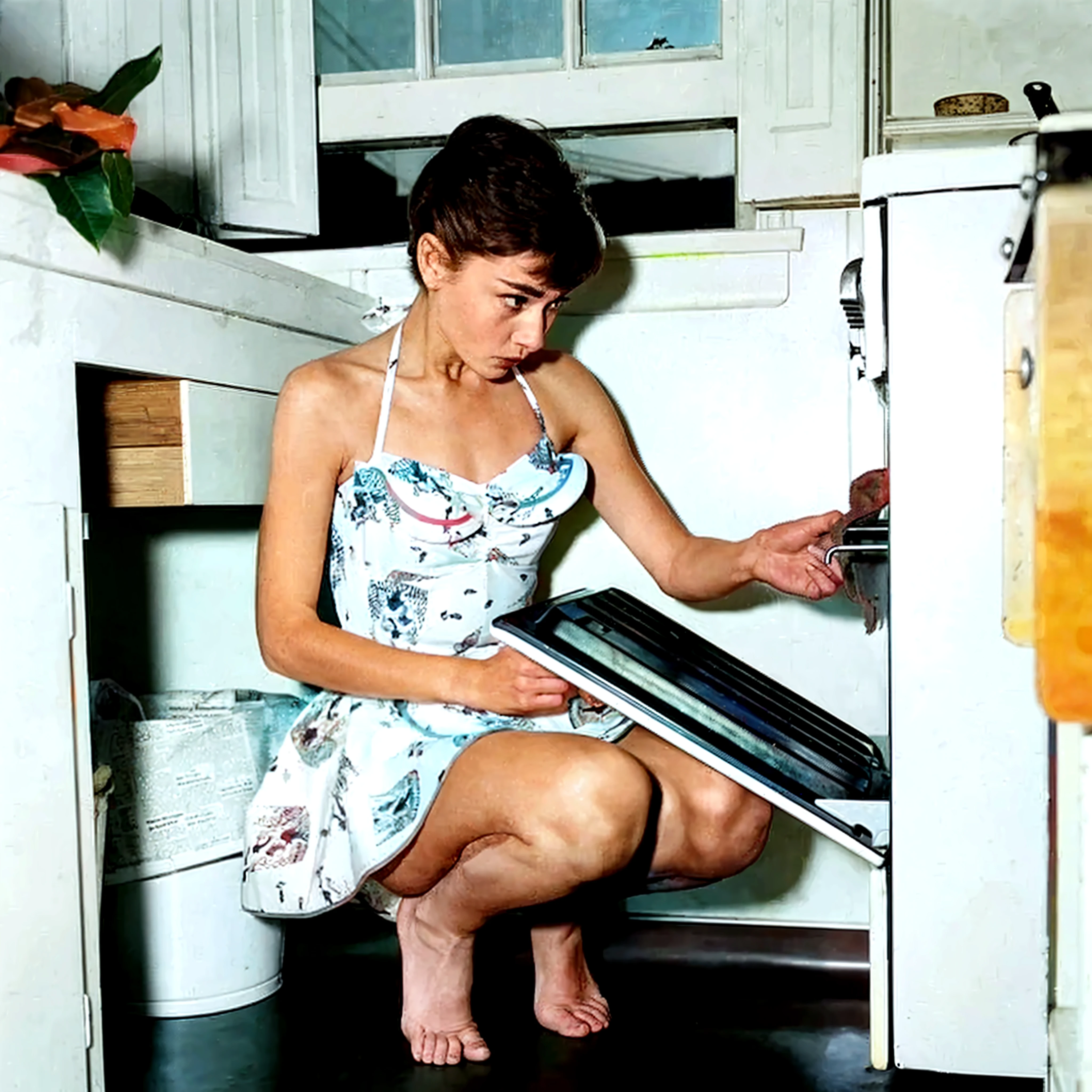 A retro-futuristic black-and-white drawing of a naked woman in a vintage kitchen, with sleek, space-age design elements and futuristic appliances. Dildos of every shape and size are everywhere. Hyper realistic photos