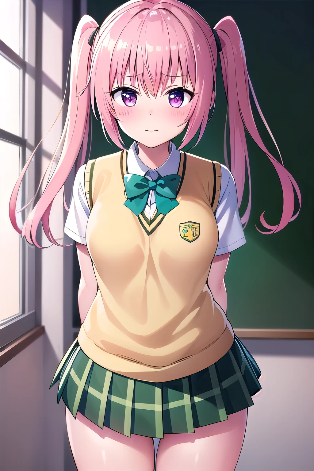 aanana, long hair, twintails, school uniform, green bowtie, white shirt, sweater vest, short sleeves, plaid skirt, green skirt, standing, leaning forward, arms behind back, classroom, highres  closed mouth, blush, Big Breasts, shy, Thighs, cowboy shot, tachi-e, masterpiece, best quality