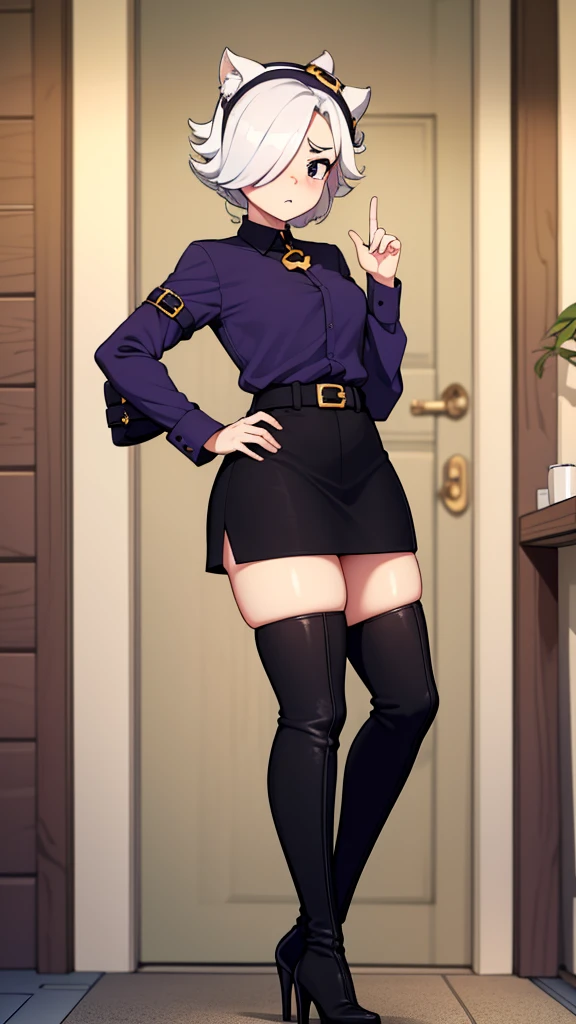 1girl,solo, solid background, yellow background BREAK
long skirt, black skirt, black shirt, buttoned shirt, arms on own chest, long sleeves, black dress, boots, brown eyes, BREAK
medium breasts,black hair, bobcut,short hair, mouse ears,lips,eyeleashes, face focus, from below,green eyes, solo, thick calves