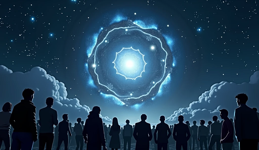 create me a picture of pose for 9 people that is featuring the galaxy