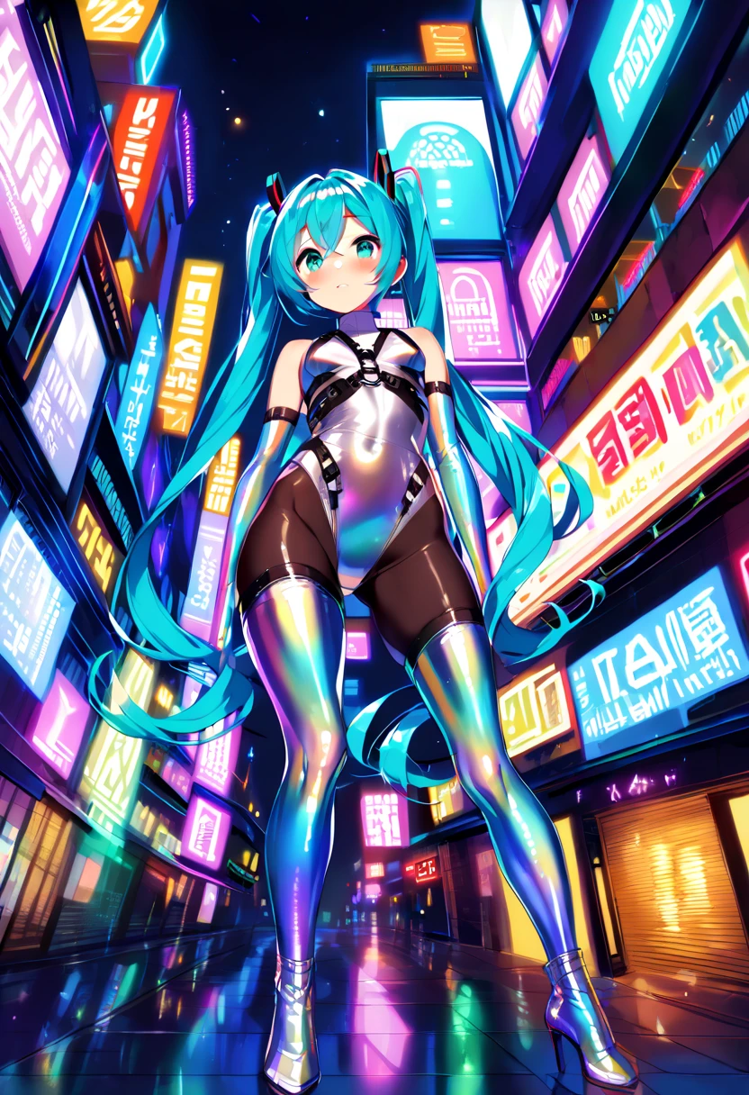 (hatsune miku:1.2), (metallic iridescent leotard, turtleneck, off shoulder, latex, highlegs, skin tight, tight, hip bones:1.2), (body harness, tight:1.4), (metallic iridescent elbow gloves, latex:1.4), (metallic iridescent knee-high boots:1.4), (blush:1.4), (gleaming skin, shiny skin:1.4), (futuristic city:1.4), (midnight:1.4),