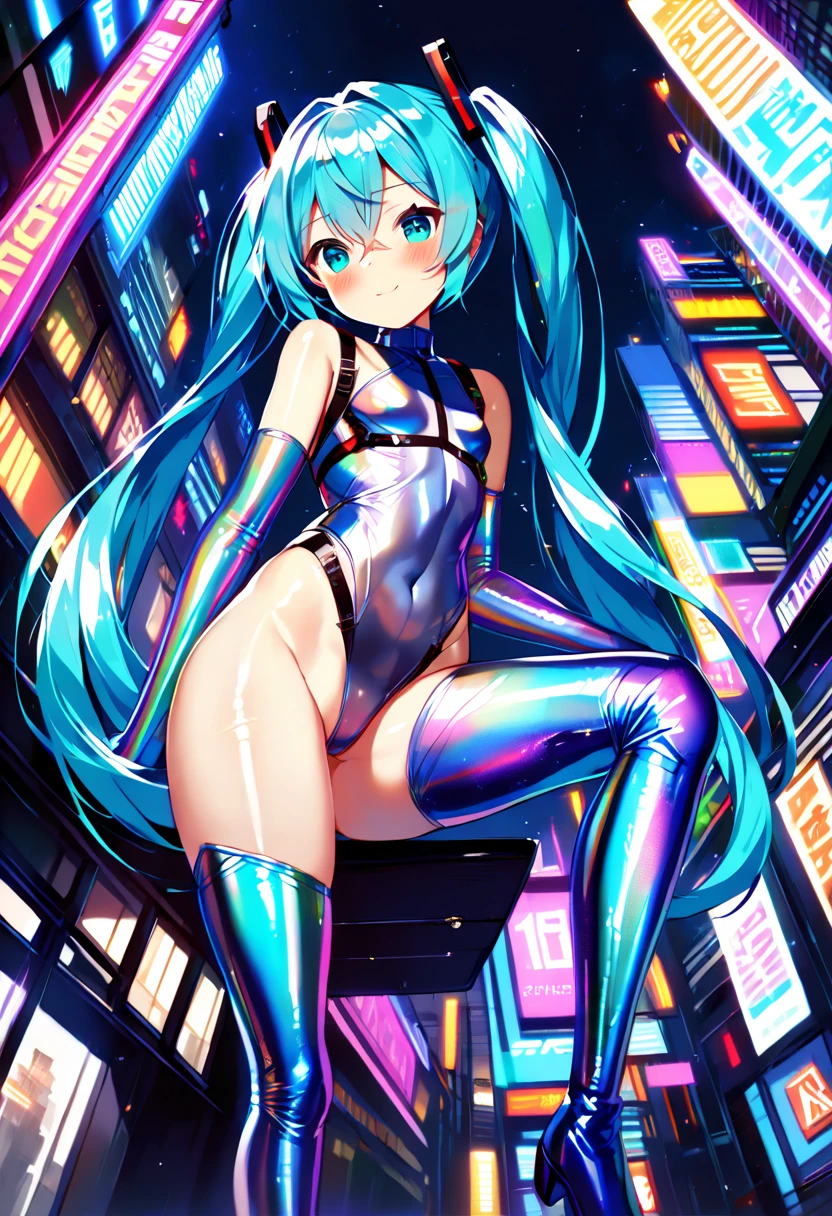 (hatsune miku:1.2), (metallic iridescent leotard, turtleneck, off shoulder, latex, highlegs, skin tight, tight, hip bones:1.2), (body harness, tight:1.4), (metallic iridescent elbow gloves, latex:1.4), (metallic iridescent knee-high boots:1.4), (blush:1.4), (gleaming skin, shiny skin:1.4), (futuristic city:1.4), (midnight:1.4),