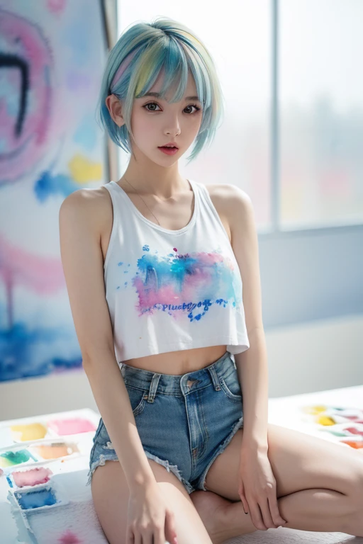 (masterpiece),( best quality:1.2),( very detailed:1.2),( high definition ),(((watercolor))),8k, sitting in front of a wall covered in hip hop graffiti, Cyberpunk neon cityscape,Pixie cut white hair, She is wearing a short cropped neon tank top and an open hoodie, denim short pants, up shorts, Nice ass, (flat chest), nsfw,(((透明watercolor,color,Blur)))