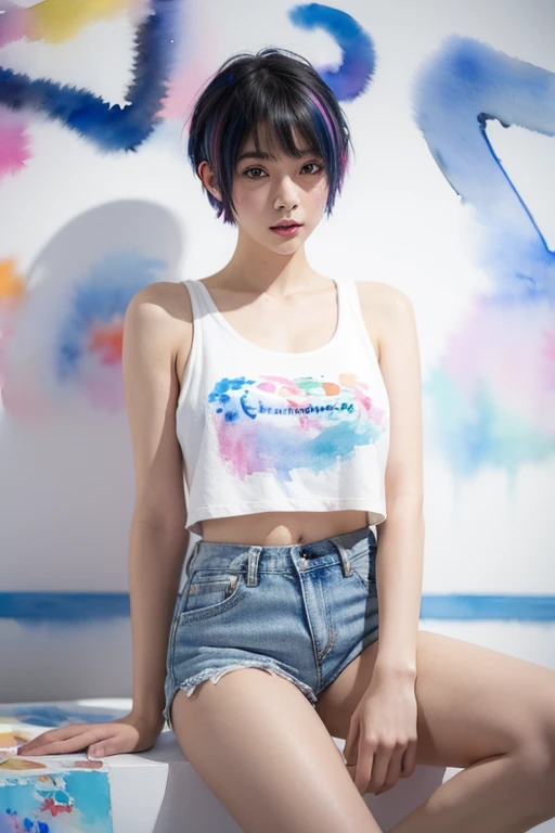 (masterpiece),( best quality:1.2),( very detailed:1.2),( high definition ),(((watercolor))),8k, sitting in front of a wall covered in hip hop graffiti, Cyberpunk neon cityscape,Pixie cut white hair, She is wearing a short cropped neon tank top and an open hoodie, denim short pants, up shorts, Nice ass, (flat chest), nsfw,(((透明watercolor,color,Blur)))