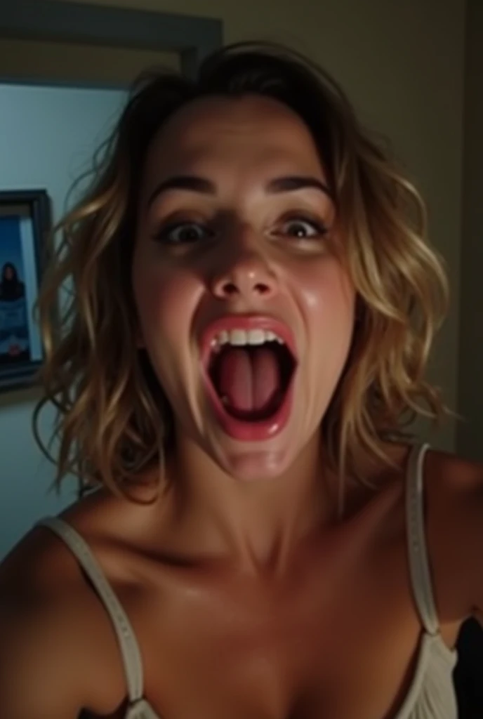 Pov when the stepmother&#39;s face is looking at you and has opened her mouth and wants to eat you because her body is big and tall, she wants to put you in her stomach because she is pregnant while in the room alone., fish eye view, iphone camera style. HD, realface
