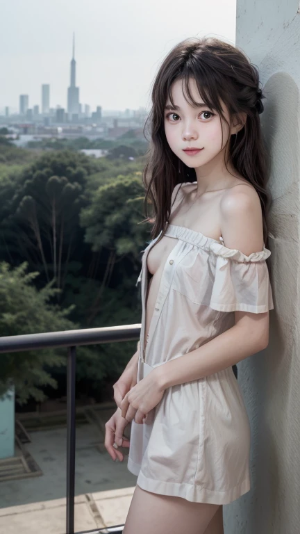 A 23-year-old Thai young woman stands on a balcony's edge, The unbuttoned shirt falls open, her partially buttoned large white shirt framing her beautiful skin as she gazes out at the breathtaking scenery below. Off the shoulder, Brown eyes, her cute face beams with a warm smile, holding a red coffee cup and looking directly into camera. The high-contrast lighting accentuates her features, while the sharp focus captures every detail of her delicate features against the vibrant colors of the cityscape or lush greenery blending harmoniously in the background.