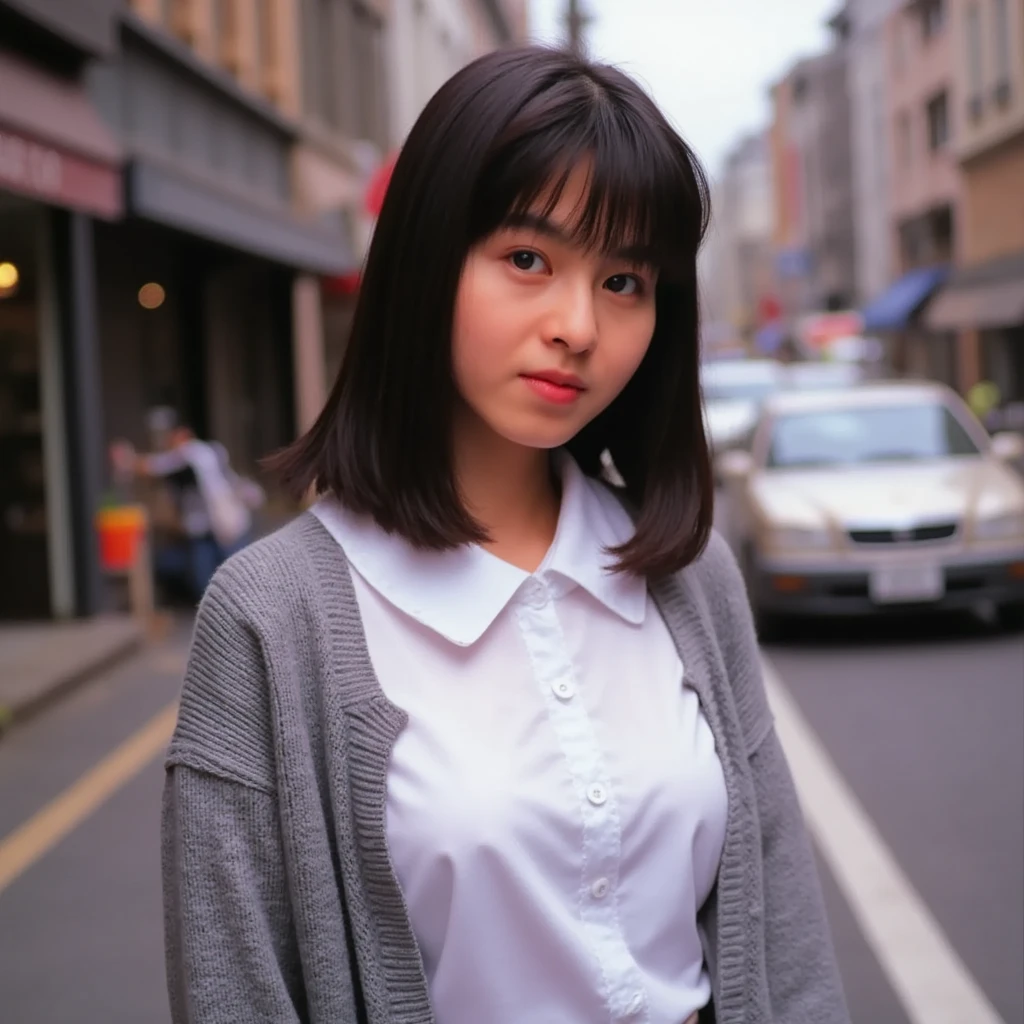 (((Mika, 1girl, solo, all body))), 8k, raw photo, perfectly focused, best focus, realistic skin texture, masterpiece, highest quality, photorealistic, school uniform, cardigan, in a downtown