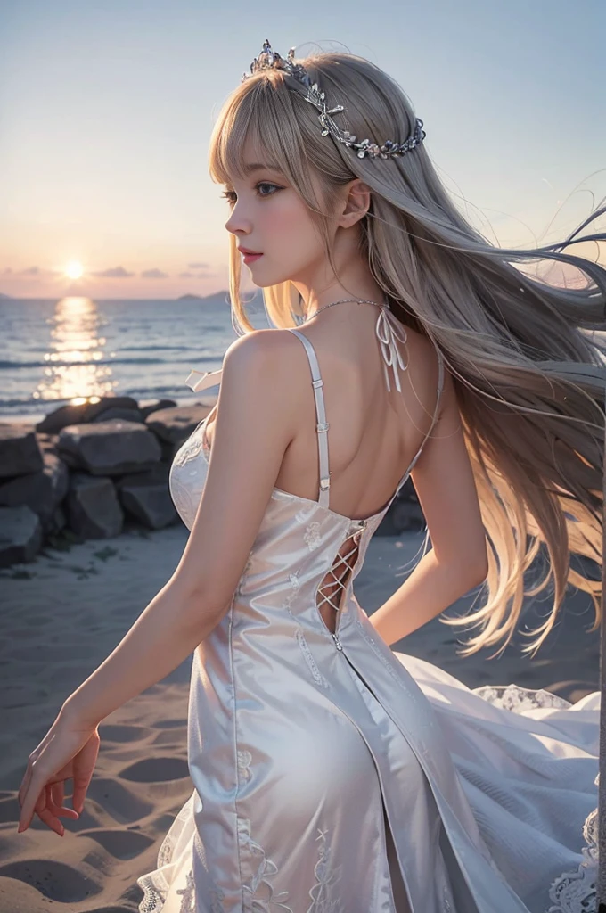 Create a highly detailed image of a character inspired by Sailor Venus from the Sailor Moon series. She is standing in an elegant pose, wearing her traditional sailor scout uniform which includes a white bodice with a large orange bow at the chest, a orange collar with white stripes, and a orange skirt. Instead of her usual white socks, she is wearing sleek, black stockings that accentuate her legs. Her long, flowing blonde hair is styled with a red bow on top. She has blue eyes, a confident smile, and her signature red bow earrings. The background is a vibrant night sky filled with twinkling stars and a crescent moon, capturing the magical and celestial essence of the series. The overall style should be dynamic and vibrant, capturing the action-packed and magical nature of the character.