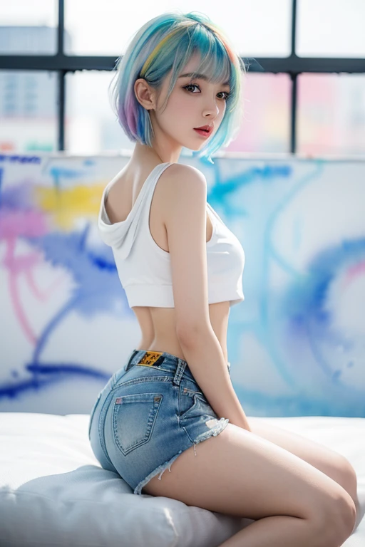 (masterpiece),( best quality:1.2),( very detailed:1.2),( high definition ),(((watercolor))),8k, sitting in front of a wall covered in hip hop graffiti, Cyberpunk neon cityscape,Pixie cut white hair, She is wearing a short cropped neon tank top and an open hoodie, denim short pants, up shorts, Nice ass, (flat chest), nsfw,(((透明watercolor,color,Blur)))