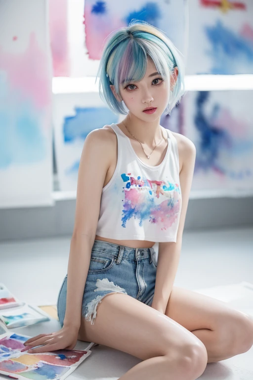 (masterpiece),( best quality:1.2),( very detailed:1.2),( high definition ),(((watercolor))),8k, sitting in front of a wall covered in hip hop graffiti, Cyberpunk neon cityscape,Pixie cut white hair, She is wearing a short cropped neon tank top and an open hoodie, denim short pants, up shorts, Nice ass, (flat chest), nsfw,(((透明watercolor,color,Blur)))