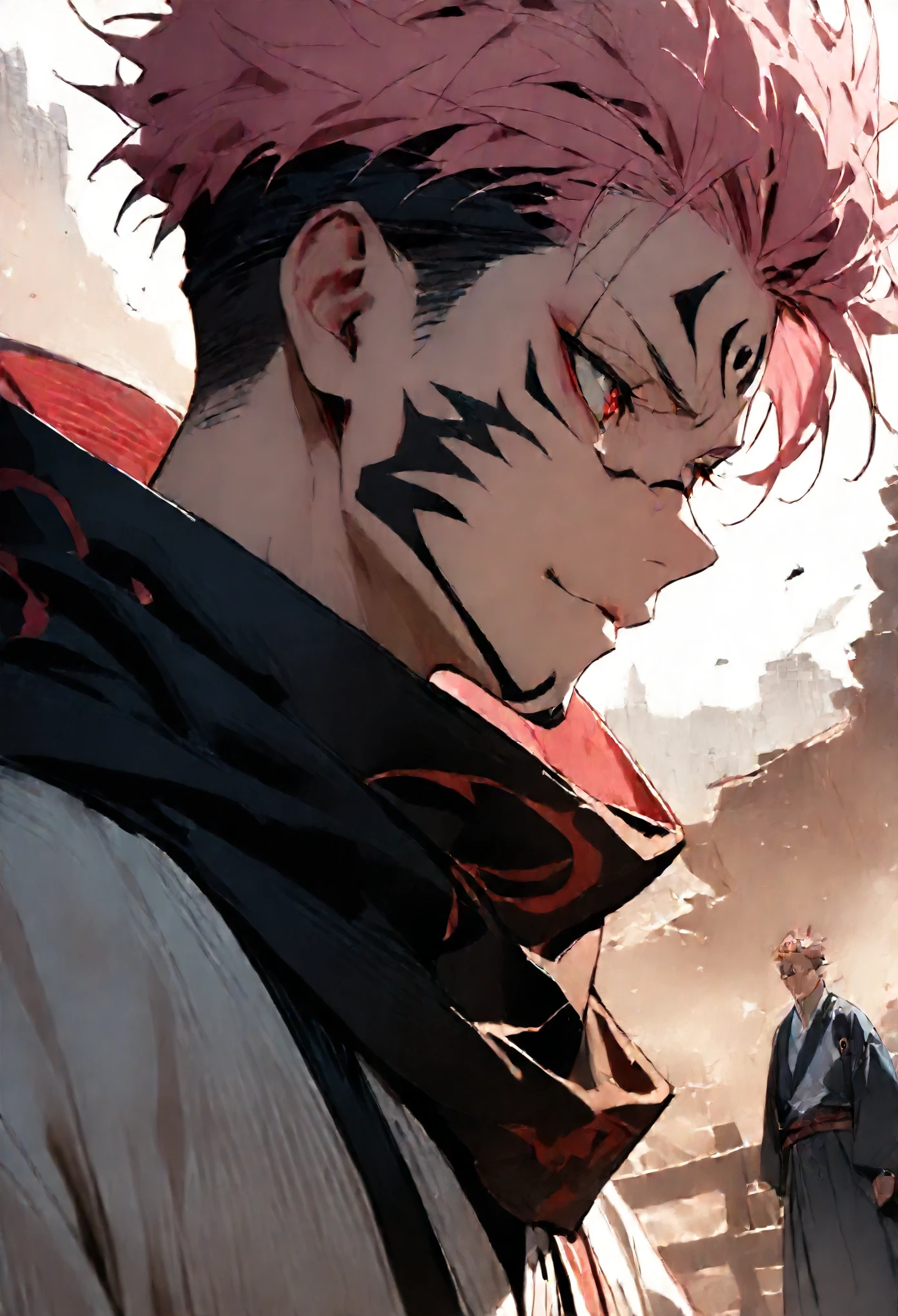 (masterpiece:1.3),(Highest quality:1.4),(Very detailedな:1.5),High resolution,Very detailed,8K,(1 male,sukuna ryoumen,JUJUTSU KAİSEN,Pink Hair)Double-sided Sukuna,（The costume is a white kimono、Black scarf）Laugh fearlessly、Red eyes、（The background is inspired by hell.）