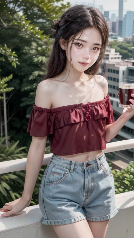 A 23-year-old Thai young woman stands on a balcony's edge, The unbuttoned shirt falls open, her partially buttoned large white shirt framing her beautiful skin as she gazes out at the breathtaking scenery below. Off the shoulder, Brown eyes, her cute face beams with a warm smile, holding a red coffee cup and looking directly into camera. The high-contrast lighting accentuates her features, while the sharp focus captures every detail of her delicate features against the vibrant colors of the cityscape or lush greenery blending harmoniously in the background.