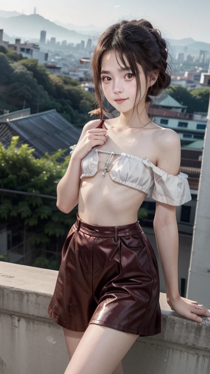 A 23-year-old Thai young woman stands on a balcony's edge, The unbuttoned shirt falls open, her partially buttoned large white shirt framing her beautiful skin as she gazes out at the breathtaking scenery below. Off the shoulder, Brown eyes, her cute face beams with a warm smile, holding a red coffee cup and looking directly into camera. The high-contrast lighting accentuates her features, while the sharp focus captures every detail of her delicate features against the vibrant colors of the cityscape or lush greenery blending harmoniously in the background.