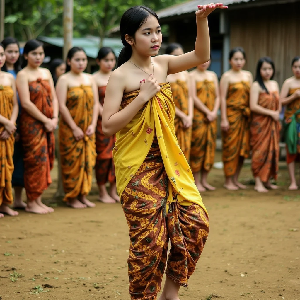 realistic photo of a young Indonesian woman wearing a strapless kemben and a yellow shawl, performing with a kuda lumping or jaran kepang. She is in mid-performance, surrounded by a lively atmosphere that includes onlookers dressed in traditional village attire. The dusty ground and rural setting emphasize the cultural significance of the scene, with vibrant details and dynamic motion capturing the energy of her movements. Warm natural lighting adds depth to the composition. Looking side, serious expressions, diagonal angle, dynamic composition