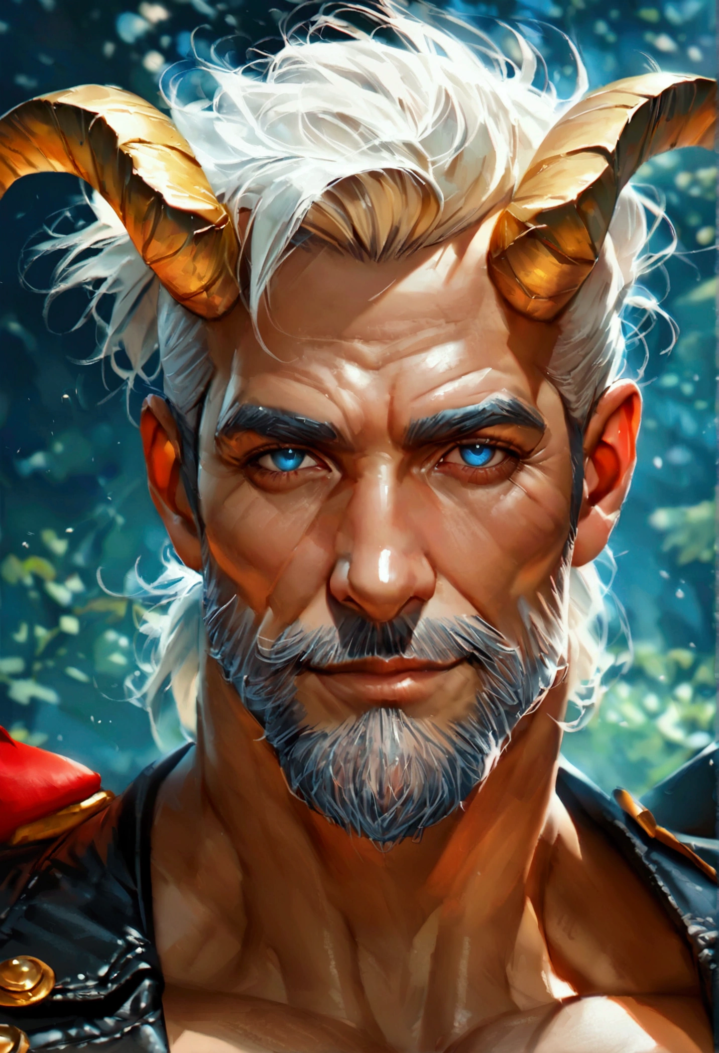 one man, middle-aged man, handsome, 53 year old, blonde hair, quiff sides and tape hairstyle, golden double little horns in temples, blue eyes, friendly smile, more prominent muscular body, larger muscles, bodybuilder bodyshaped, more prominent muscular legs, black sweater, black-v stripped red leather jacket, black trousers with red Y strips, closer distance face, closer distance head, looking at viewers, realistic quality, ultra-realistic style, hyperrealistic, hyperdetail, aesthetic, dreamy, HD, High Quality, masterpiece, best quality, 8k resolution 