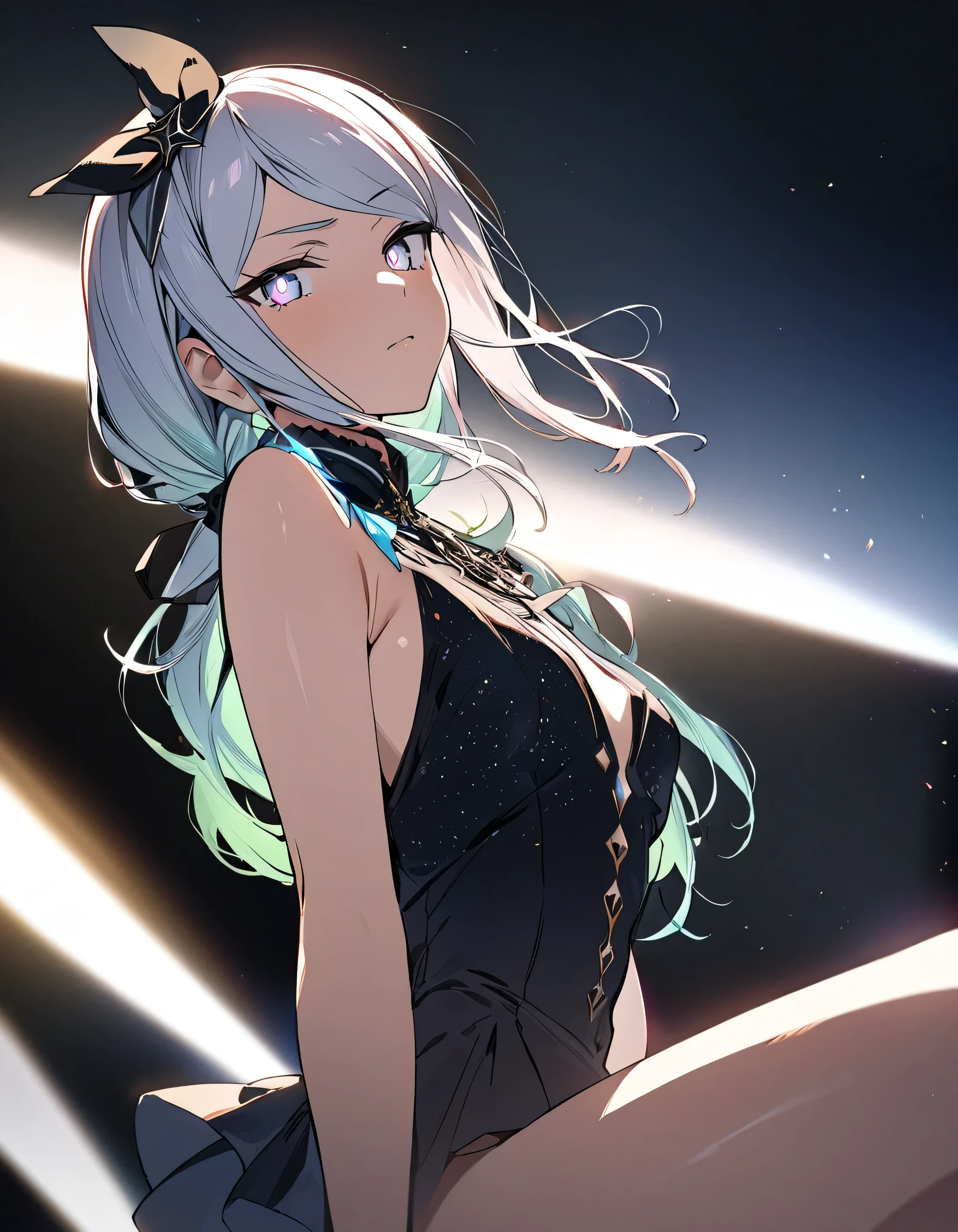 Human girl, Clothed, large red bow in middle of hair, silver sparkling hair, yearning expression on face, hands on chest, blushing, hair flowing in the wind, moon light shining in distance, Sky full of detailed stars and some shooting stars, a nebula is visible.