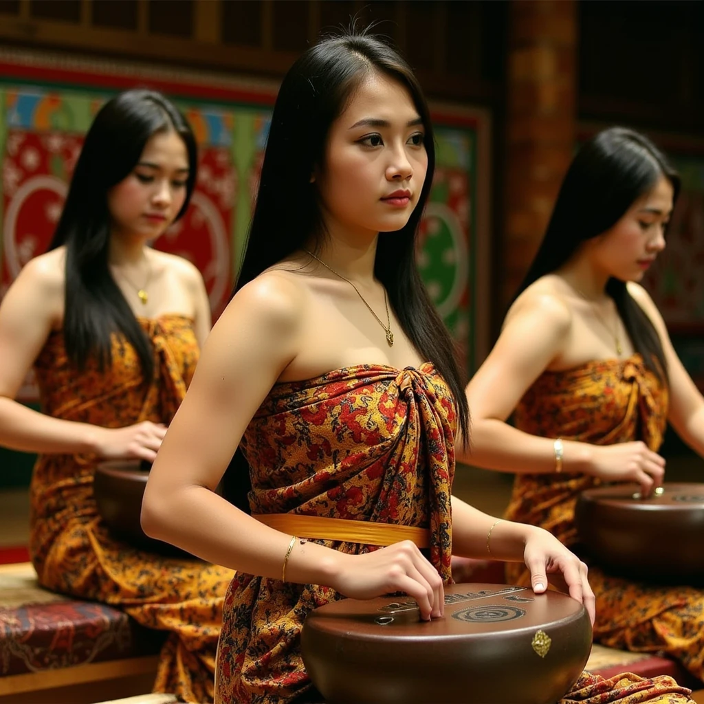 realistic photo of a young Indonesian woman wearing a layered colorful strapless kemben, a batik jarik skirt, and a yellow sash, sitting and playing a gamelan instrument with a serious expression. She is surrounded by other gamelan players on a traditional performance stage. The scene features intricate cultural decorations, showcasing vibrant colors and details, with warm, ambient lighting highlighting the performers' focus. The atmosphere is deeply rooted in traditional artistry and cultural pride. Looking side, serious expressions, diagonal angle, dynamic composition