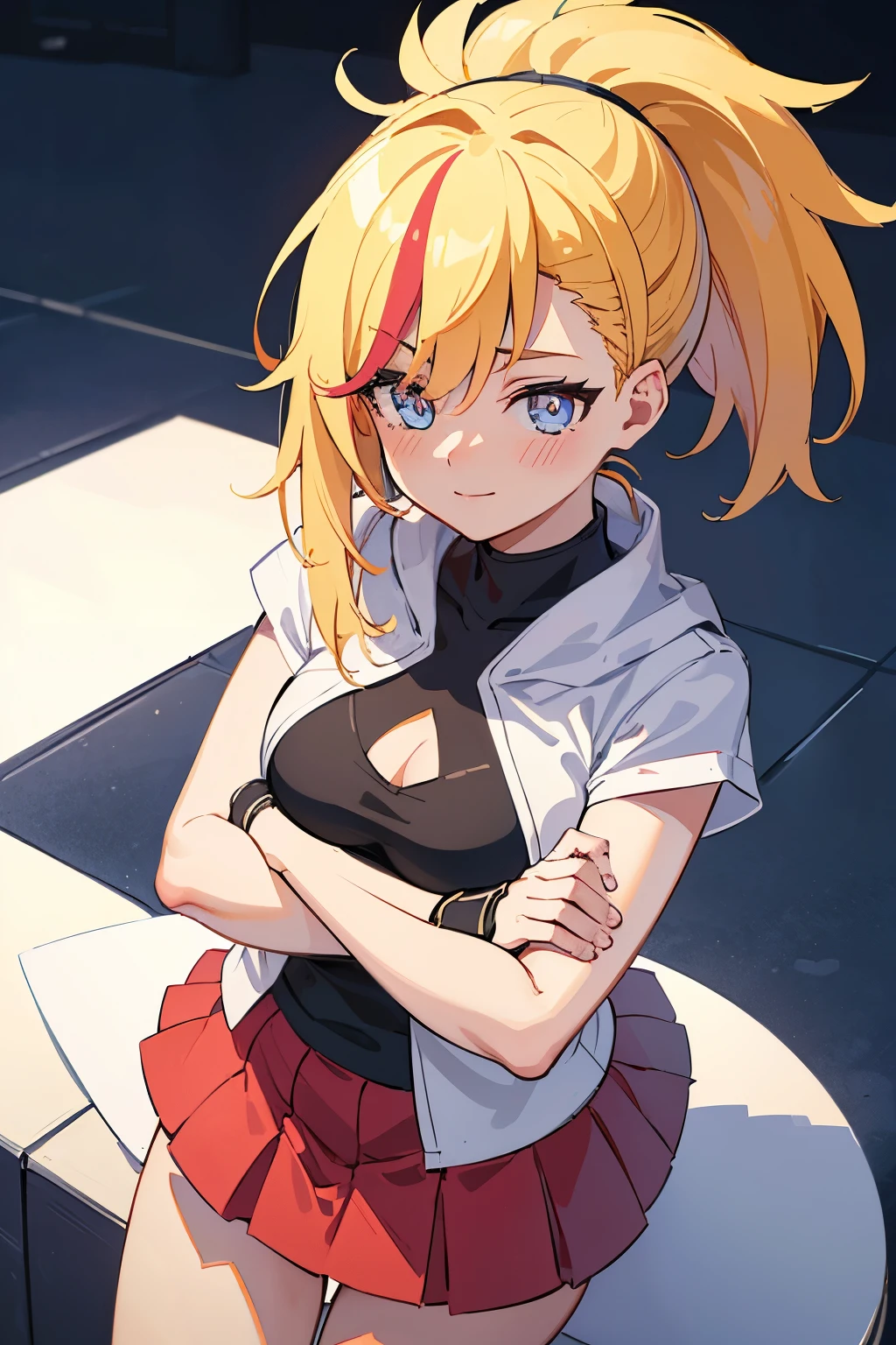 Anime girl with blonde hair and blue eyes posing on a stool - SeaArt AI