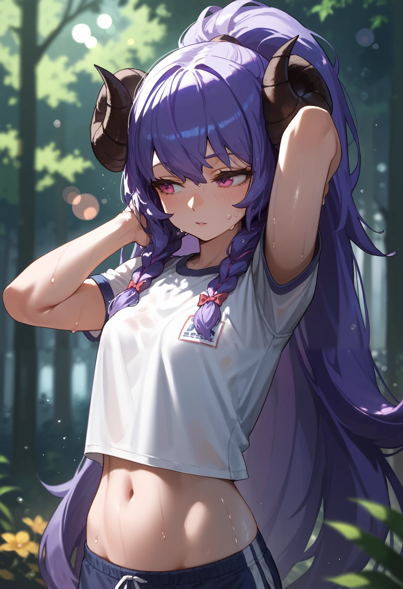 Masterpiece, anime, 1girl, Sbkin, sheep girl, long hair, purple hair, (ponytail), big hair, braids, curved horns, pink eyes, white shirt, gym shorts, navel, sweat, upper body, leaning back, hand behind head, small breasts, sexy, serene, panting, looking away, forest, flowers, bokeh, mist, score_9, score_8_up, score_7_up, unaestheticXL_bp5