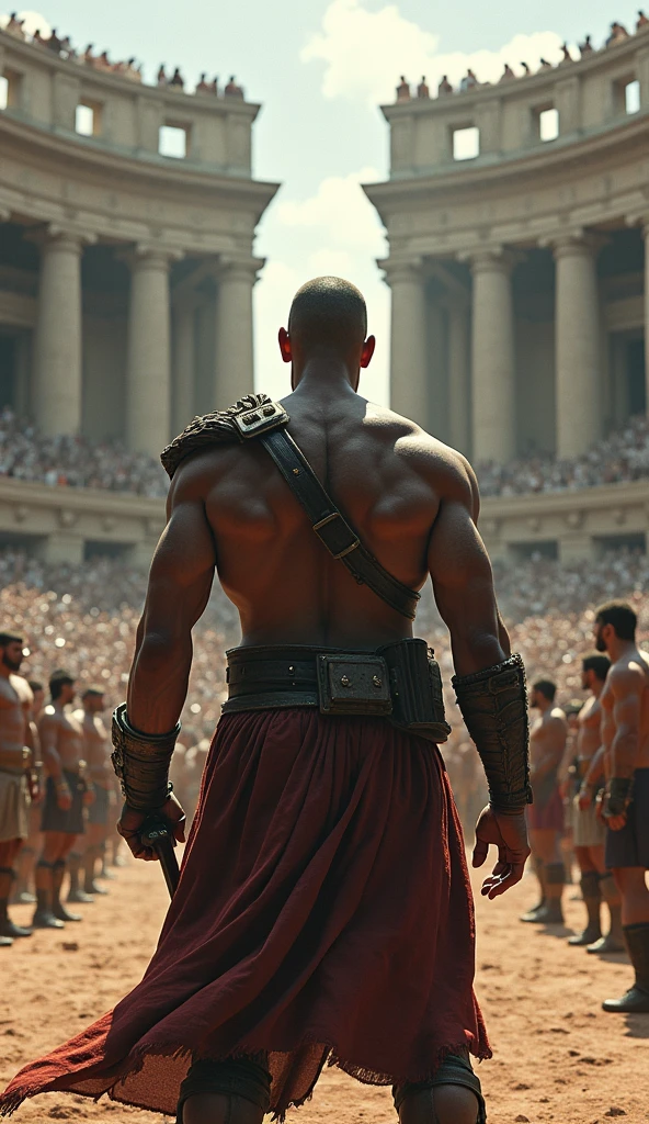 An ancient Greek athlete preparing to compete naked, their body oiled and gleaming, with spectators looking on in amazement.