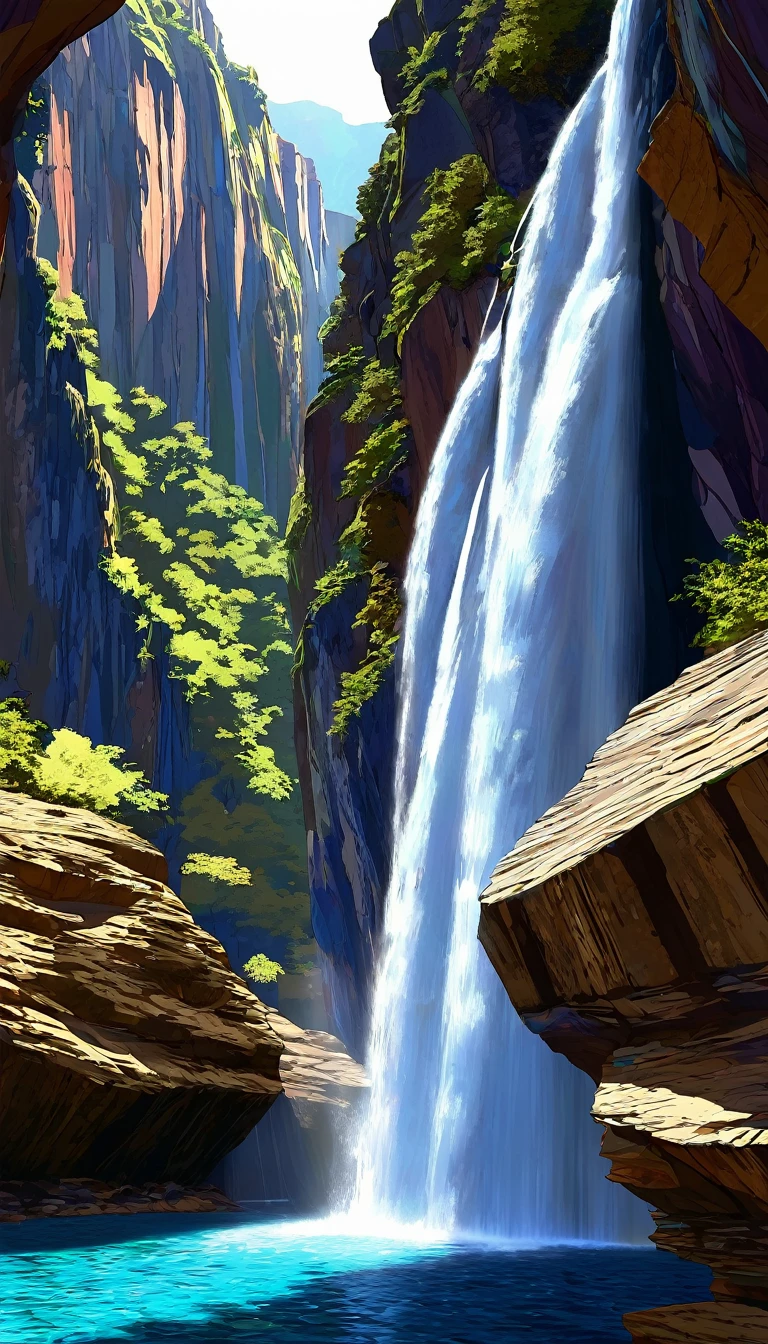 distant perspective, magnificent view, conceptual installation fine art, 3D trick art, huge rocky mountain, countless waterfalls and pools on the rock faces, and water source that circulates, art image effects, delicate and dynamic textures, contrasts of light and shadow, BREAK ultra detailed, absolutely resolution, best quality