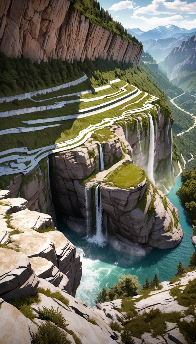 distant perspective, magnificent view, conceptual installation fine art, 3D trick art, huge rocky mountain, countless waterfalls and pools on the rock faces, and water source that circulates, art image effects, delicate and dynamic textures, contrasts of light and shadow, BREAK ultra detailed, absolutely resolution, best quality