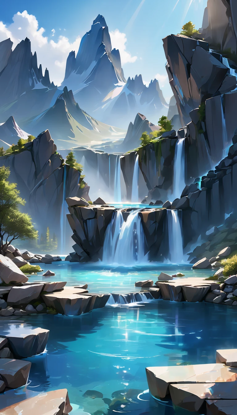 distant perspective, magnificent view, conceptual installation fine art, 3D trick art, huge rocky mountain, countless waterfalls and pools on the rock faces, and water source that circulates, art image effects, delicate and dynamic textures, contrasts of light and shadow, BREAK ultra detailed, absolutely resolution, best quality