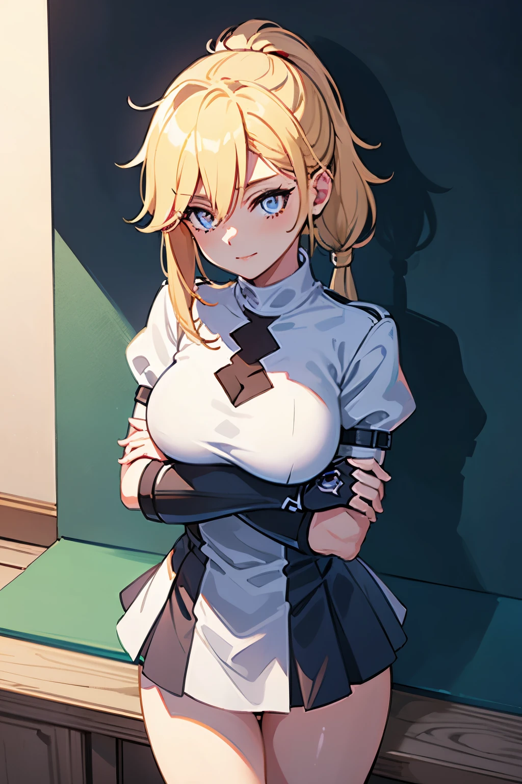 upper body, iris, 1girl, solo, white capelet, black shirt, pelvic curtain, parted lips, blonde hair, blue eyes, looking at viewer, arms behind back, <lora:iris-06:0.8>, two-tone background