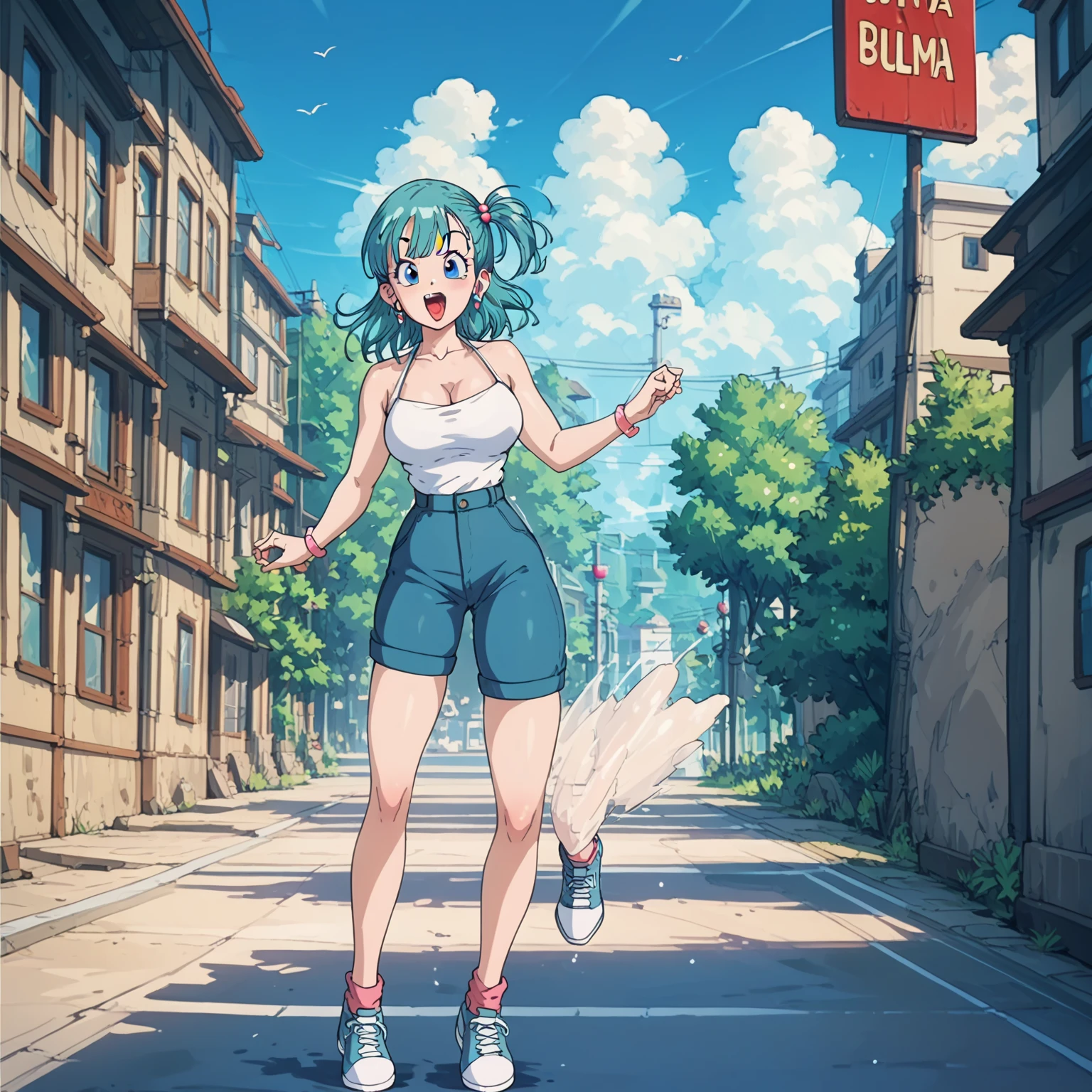  Bulma is running in a white bikini,Big Breasts,full body