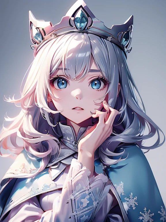    Thin Soft Painting Style、Alone,１  girl, crowns、  crownss、 blue and white snowflake pattern cloak 、Grey Hair、Aquamarine Eyes、 queen ,cute, great background 