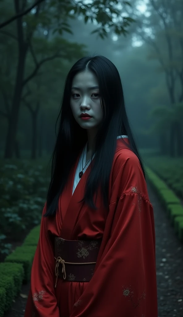 A Japanese vampire woman with a flawless, pale complexion and long, silky black hair cascading down her back, her lips smeared with the blood of her latest prey. She is dressed in a traditional white kimono, now stained with crimson, standing in front of the iconic Fushimi Inari Taisha. The torii gates stretch out behind her into the night, creating a labyrinth of shadows as she prowls through the sacred site under the dim light of the moon.