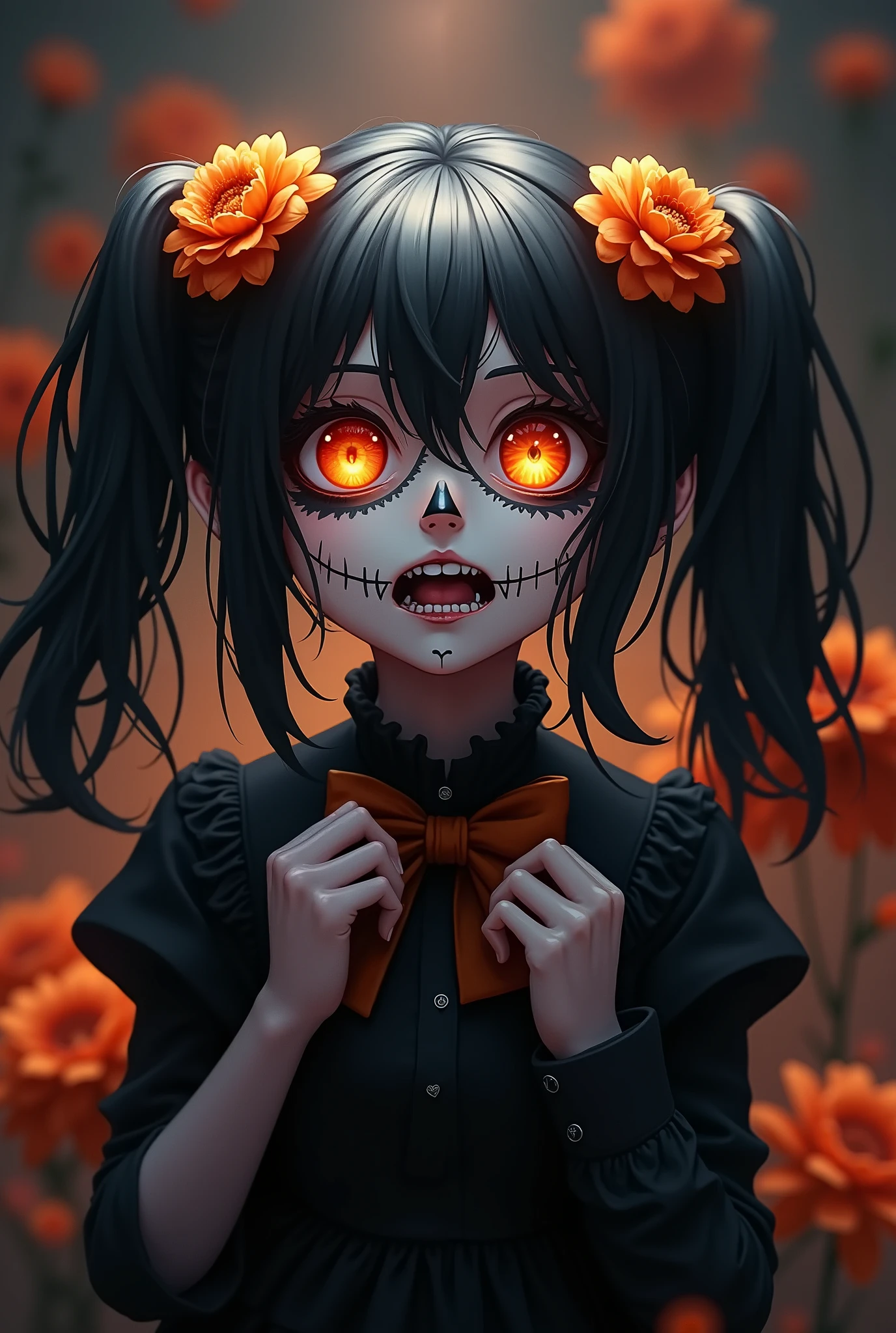 Hyperrealistic, high quality, dramatic lighting, semi-realism anime, girl, bright orange iris, white face, skull makeup, black hair, puffy piggytails, marigolds in hair, snarling, looking up, black dress, portrait, black lips, fangs, black shadow hands adjusting bowtie on girl, day of the dead, dia de los muertos