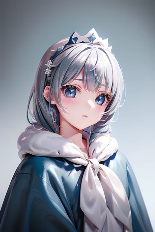    Thin Soft Painting Style、Alone,１  girl, crowns、  crownss、 blue and white snowflake pattern cloak 、Grey Hair、Aquamarine Eyes、 queen ,cute, great background 