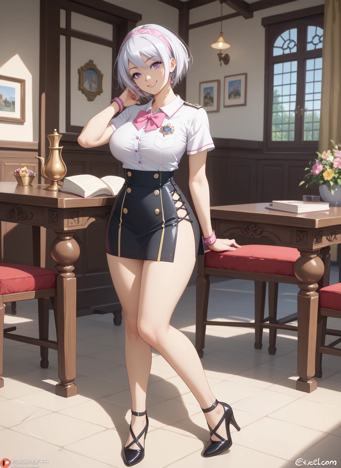 looking at the spectator,  masterpiece , preciso, Detalle, Alta quality, A beautiful young woman (cute full body , big breasts,  slim waist,  big ass, short white hair, cut bob, wearing a princess headband , violet eyes, daring smile ),  Wearing an attractive uniform of preparatoria white t-shirt with a pink bow and black buttons with the school logo on the left shoulder short brown table skirt with yellow squares en una biblioteca escolar con una pizarra y libros,