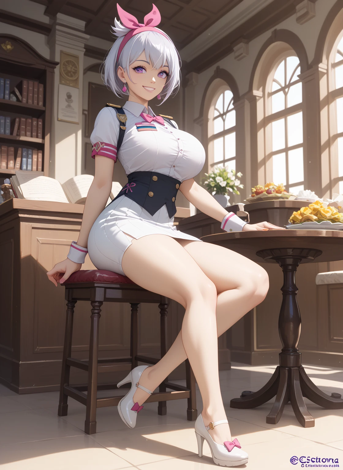 looking at the spectator,  masterpiece , preciso, Detalle, Alta quality, A beautiful young woman (cute full body , big breasts,  slim waist,  big ass, short white hair, cut bob, wearing a princess headband , violet eyes, daring smile ),  Wearing an attractive uniform of preparatoria white t-shirt with a pink bow and black buttons with the school logo on the left shoulder short brown table skirt with yellow squares en una biblioteca escolar con una pizarra y libros,