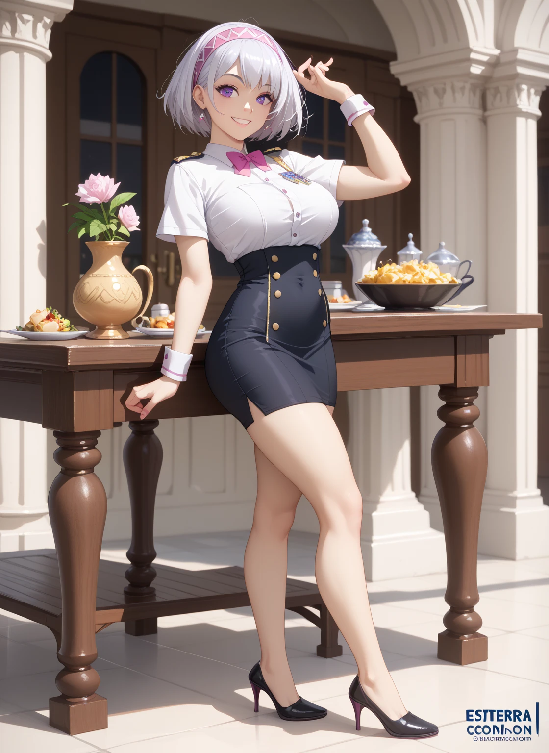 looking at the spectator,  masterpiece , preciso, Detalle, Alta quality, A beautiful young woman (cute full body , big breasts,  slim waist,  big ass, short white hair, cut bob, wearing a princess headband , violet eyes, daring smile ),  Wearing an attractive uniform of preparatoria white t-shirt with a pink bow and black buttons with the school logo on the left shoulder short brown table skirt with yellow squares en una biblioteca escolar con una pizarra y libros,