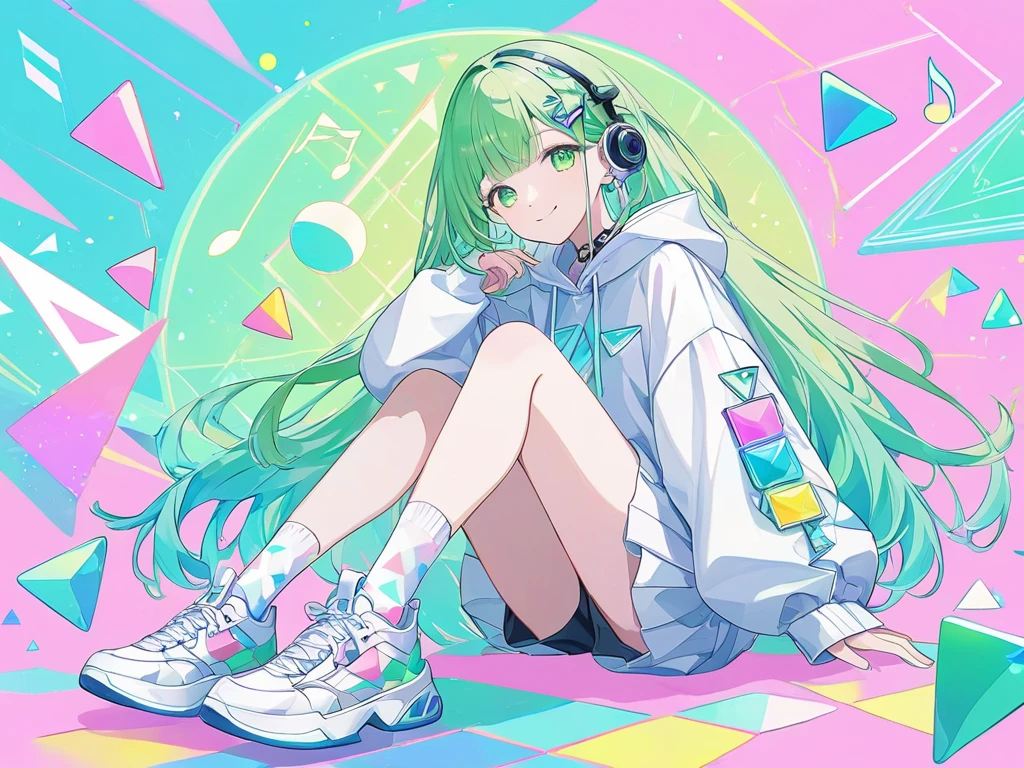 ((pastel))、Official illustration style,  geometric pattern background  ,White base color,  neon triangles and musical notes 1 woman ,whole body, Forehead , Internet Android  , Smile,  is wearing a watermelon hair card,((  super detailed  )) green eyes,Long hair, Gradient hair  ,,pastel,Glass clothes, Drop Shoulder  ,With blue pattern,The ball on the chest , Dazzling light , Neon Colors ,Flash Effect,  white cyber sneakers  ,Large target, translucent socks With blue pattern ,  is blue and the masterpiece  , is of the best quality,Beautiful,8K,  absurd,  super detailed  な挿絵,( Viewers )