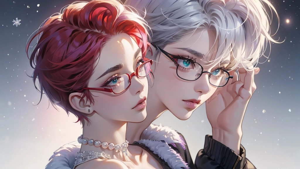 8k, masterpiece, best quality, highly detailed, 1 girl, devil, demon horns, warlock, pixie cut, white hair, multicolored hair, very short straight hair, red highlight hair on white hair, stippled hair, wearing glasses, round glasses, earrings, red eyeshadow, long eyelashes, blushed cheek, purple lips, pearl necklace, rings, collarbone, mole on face, glamorous, teal and purple majestic clothes, expressionless, close up view, rings, looking at viewer, standing, frost, death, winter, snow strom, tundra, turning back, back facing viewer, looking over shoulder, exposed nape