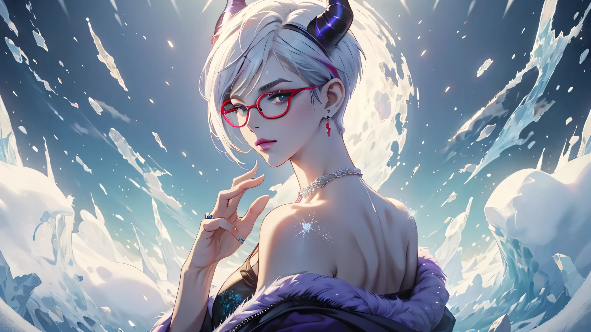 8k, masterpiece, best quality, highly detailed, 1 girl, devil, demon horns, warlock, pixie cut, white hair, multicolored hair, very short straight hair, red highlight hair on white hair, stippled hair, wearing glasses, round glasses, earrings, red eyeshadow, long eyelashes, blushed cheek, purple lips, pearl necklace, rings, collarbone, mole on face, glamorous, teal and purple majestic clothes, expressionless, close up view, rings, looking at viewer, standing, frost, death, winter, snow strom, tundra, turning back, back facing viewer, looking over shoulder, exposed nape