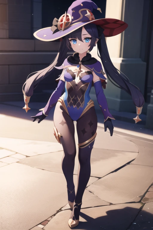 monamegistus, mona, blue eyes, hair between eyes, twintails, very long hair, purple hair, hat, (small breast:1.2), witch hat,
BREAK black bodysuit, black gloves, blue sleeves, bodysuit, capelet, covered navel, detached sleeves, gloves, high heels, leotard, long hair, long sleeves, multicolored sleeves, purple capelet, purple sleeves, strapless, strapless leotard,
BREAK outdoors, city,
BREAK looking at viewer,
BREAK (masterpiece:1.2), best quality, high resolution, unity 8k wallpaper, (illustration:0.8), (beautiful detailed eyes:1.6), extremely detailed face, perfect lighting, extremely detailed CG, (perfect hands, perfect anatomy), , full body art , full body , tall young girl , standing up