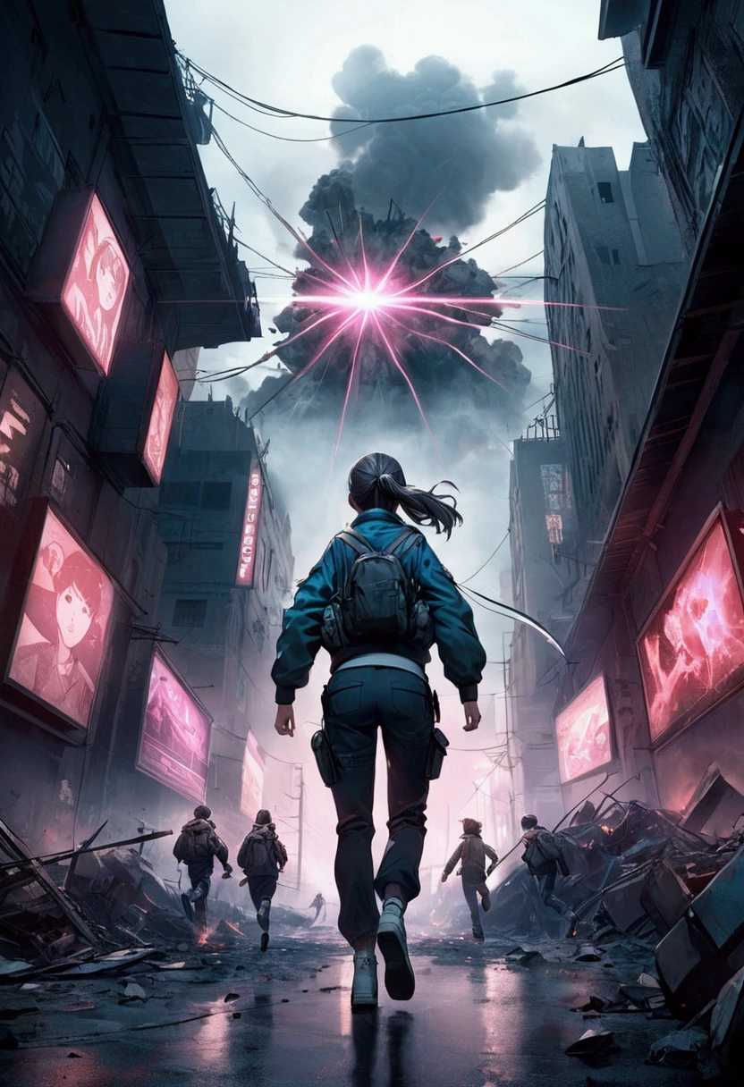 Panoramic view of future dystopian metropolis, score_9,score_8_up, stranger things, light night, a girl charging toward to war, running very fast, high ponytail, attack, shot, (full-body view), low angle, back shot, Blue bomber stylish jacket, black baggy pants, army, gang, walk, chaos, chaotic, destruction, war, spikes, chains, building exploded from afar, streets, gates, brithged, cable, wires, cabling, joints, building, bionic, laser sword, dual wield swords, steel, old paint, rusty metal, worn paint, mist, smoke, lights, neon lights, hologram publicity, masterpiece, perfect, 8k, 4k.